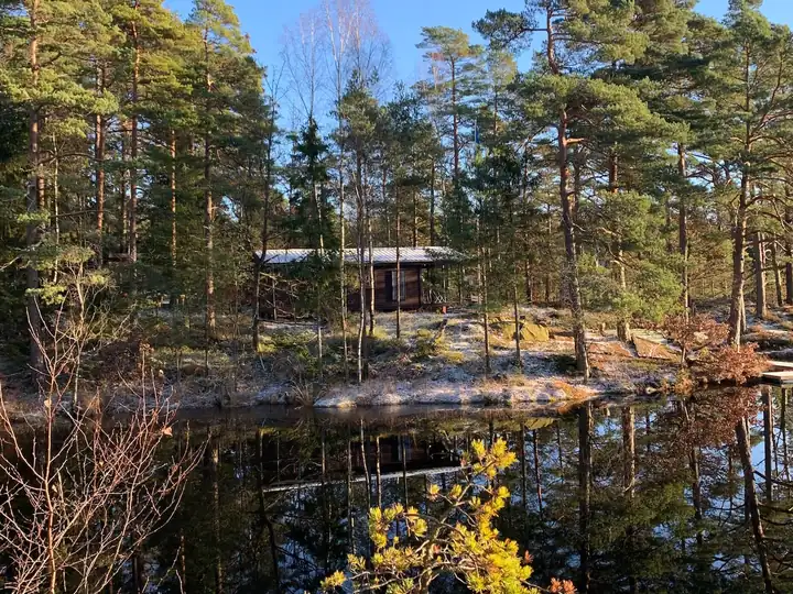 The cabin among the pines, across the lake