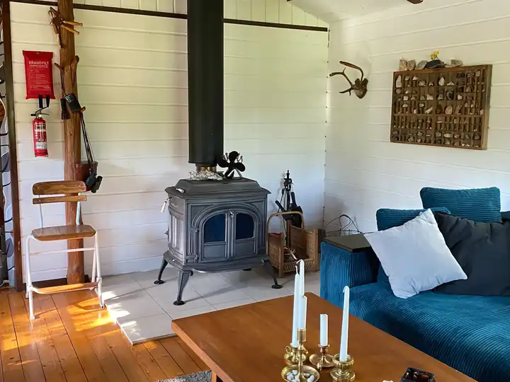 Living room with the wood stove and sofa