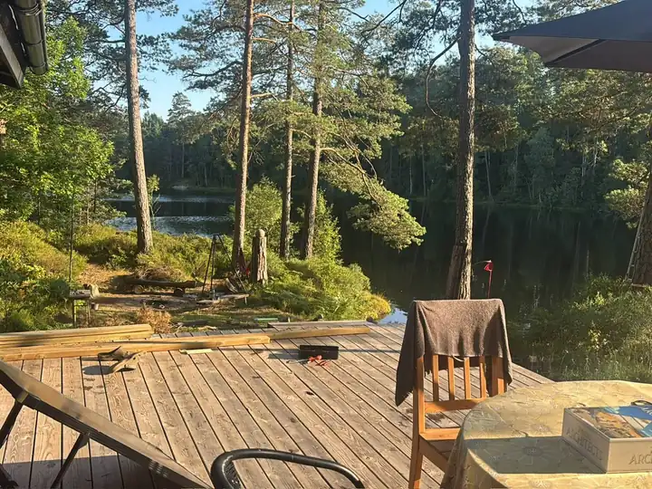 View from the deck over the fire pit and the lake