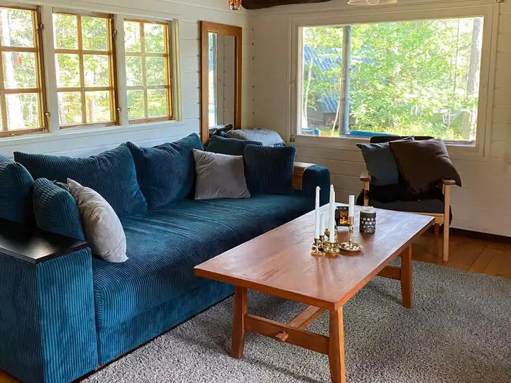The blue sofa bed in the living room