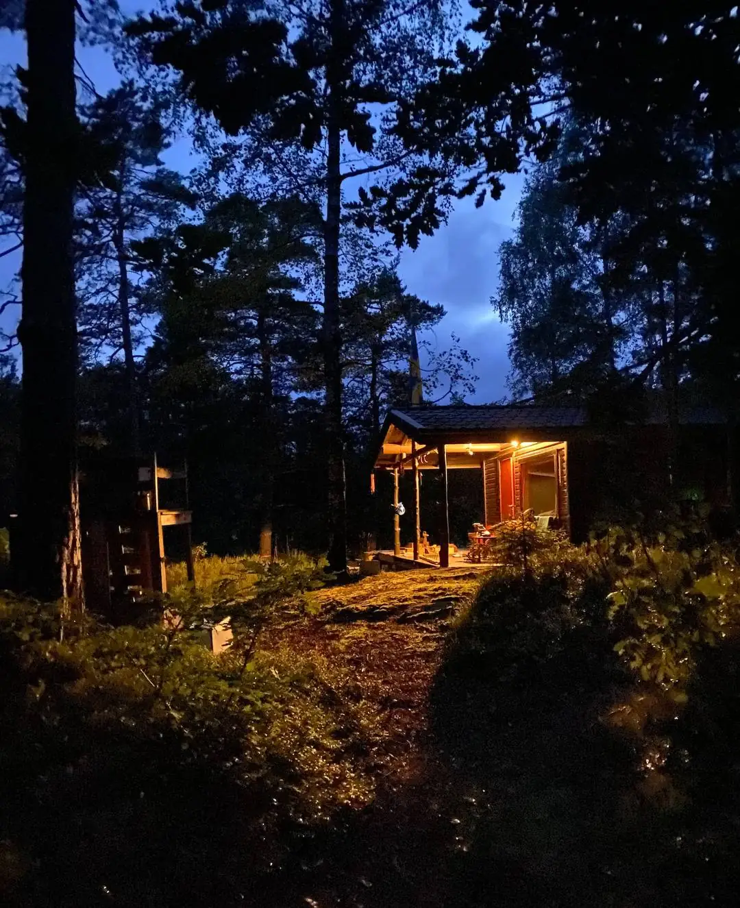 The cabin glowing in the forest at dusk